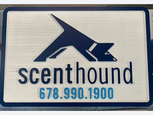 Scenthound dimensional business sign with dog silhouette logo and blue lettering